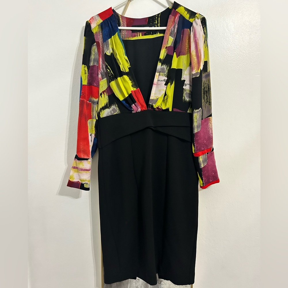Colorful abstract and black dress.